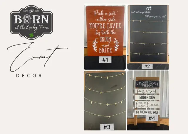 Decor items #1 to #4: Pick a seat sign, chalkboard sign, string light photo display and welcome sign