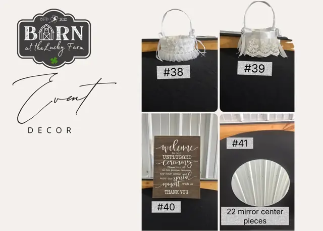 Decor items #38 to #41: Flower girl baskets, welcome sign and 22 mirror centerpieces