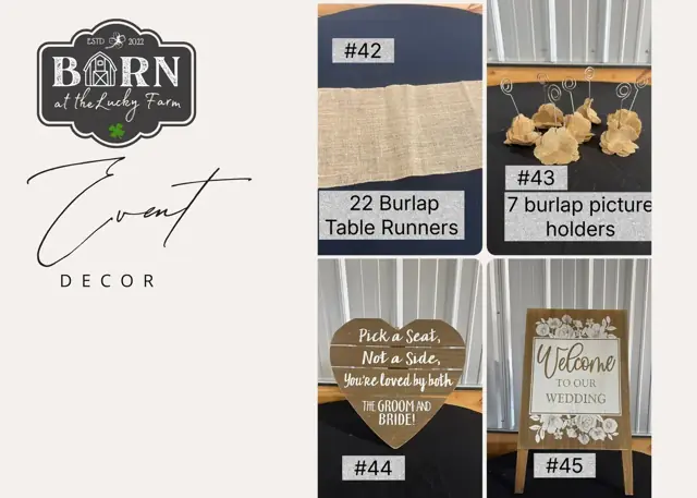 Decor items #42 to #45: 22 burlap table runners, 7 burlap picture holders, heart Pick a Seat sign and welcome easel sign