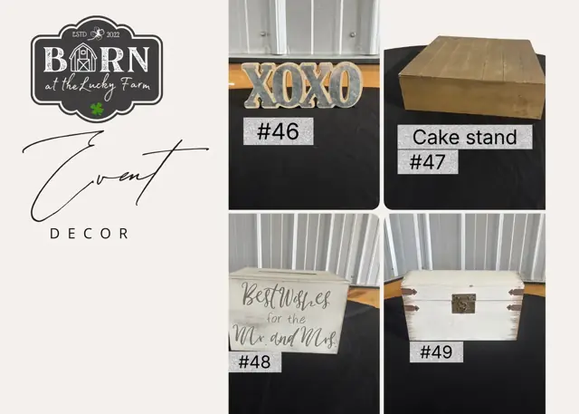 Decor items #46 to #49: XOXO letters, cake stand, Best Wishes sign and white box