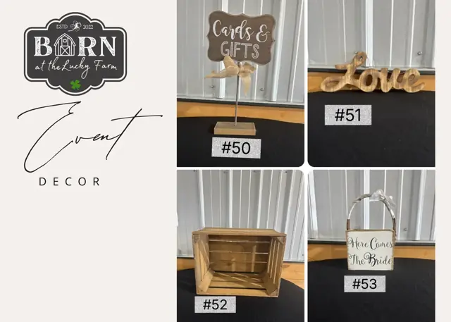 Decor items #50 to #53: Cards and Gifts sign, Love sign, wooden crate and Here comes the bride sign