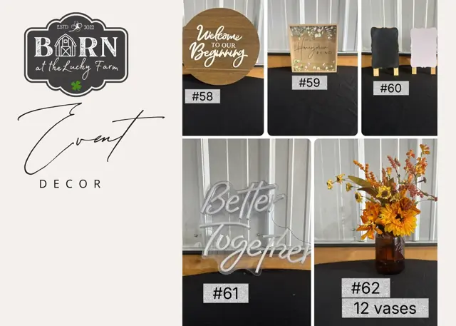 Decor items #58 to #62: Welcome sign, small decor, Better Together sign and 12 vases