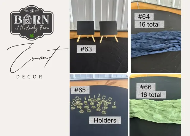 Decor items #63 to #66: Chalkboard easels, 16 blue runners, holders and 16 green runners