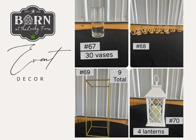 Decor items #67 to #70: 30 vases, gold decor, 9 gold stands and 4 lanterns