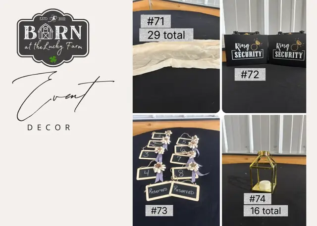 Decor items #71 to #74: 29 lace runners, ring security signs, place card holders and 16 gold lanterns