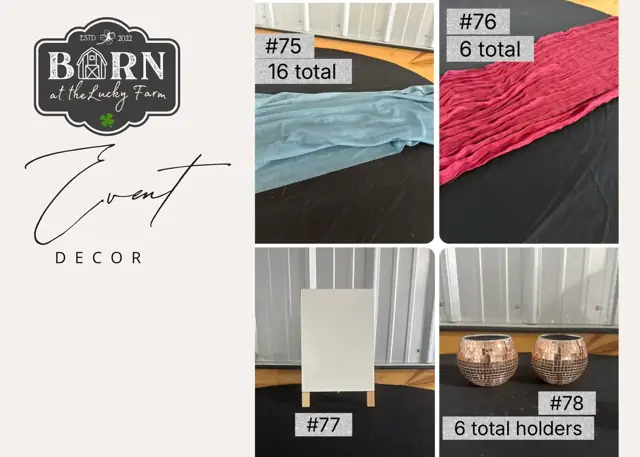 Decor items #75 to #78: 16 light blue runners, 6 pink runners, white board easel and 6 rose gold holders