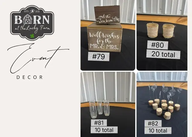 Decor items #79 to #82: Well wishes box, 20 twine candle holders, 10 vases and 10 holders