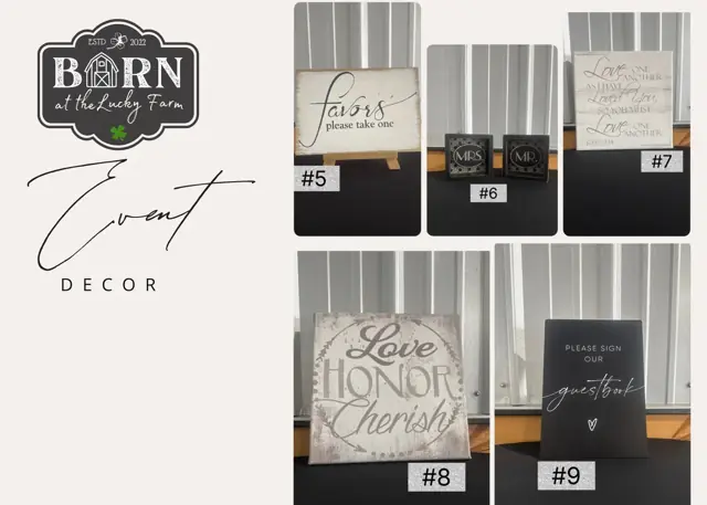 Decor items #5 to #9: Favors sign, small frames, signs, Love Honor Cherish sign and guest book sign