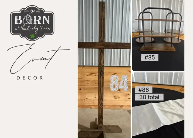 Decor items #84 to #86: Wooden cross, metal shelf and 30 white linens