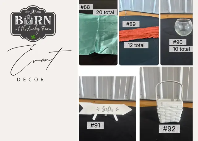 Decor items #88 to #92: 20 teal runners, 12 orange runners, 10 bowls, Gifts arrow sign and white basket