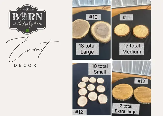 Decor items #10 to #13: Wood slice rounds, 18 large, 17 medium, 10 small and 2 extra large
