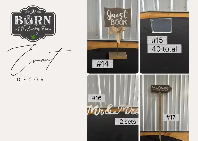 Decor items #14 to #17: Guest book sign, 40 frames, 2 sets of Mr and Mrs letters and wedding post sign