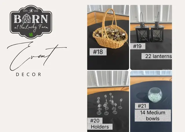 Decor items #18 to #21: Basket, 22 lanterns, 20 holders and 14 medium bowls