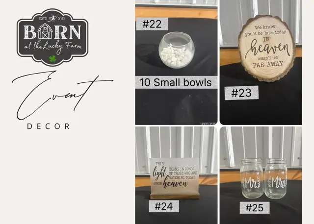 Decor items #22 to #25: 10 small bowls, memorial heaven sign, sign and mason jars