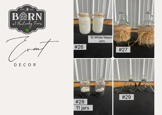 Decor items #26 to #29: 10 white mason jars, twine wrapped jars, 11 jars and metal decor