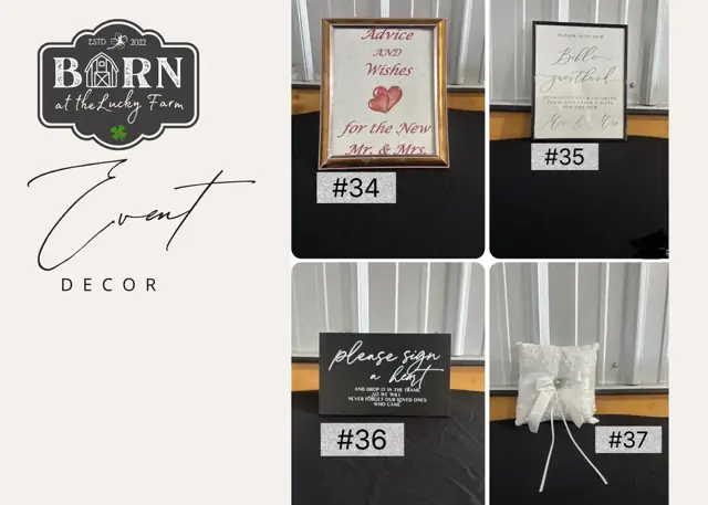 Decor items #34 to #37: Advice and wishes frame, framed sign, please sign sign and ring pillow